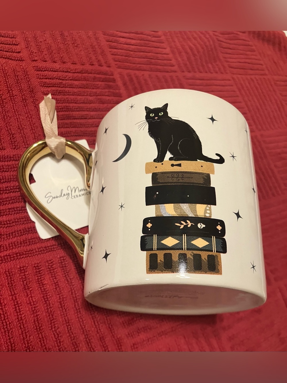 NWT Sunday Morning Ceramics Black Cat Halloween Mug Gold Handle